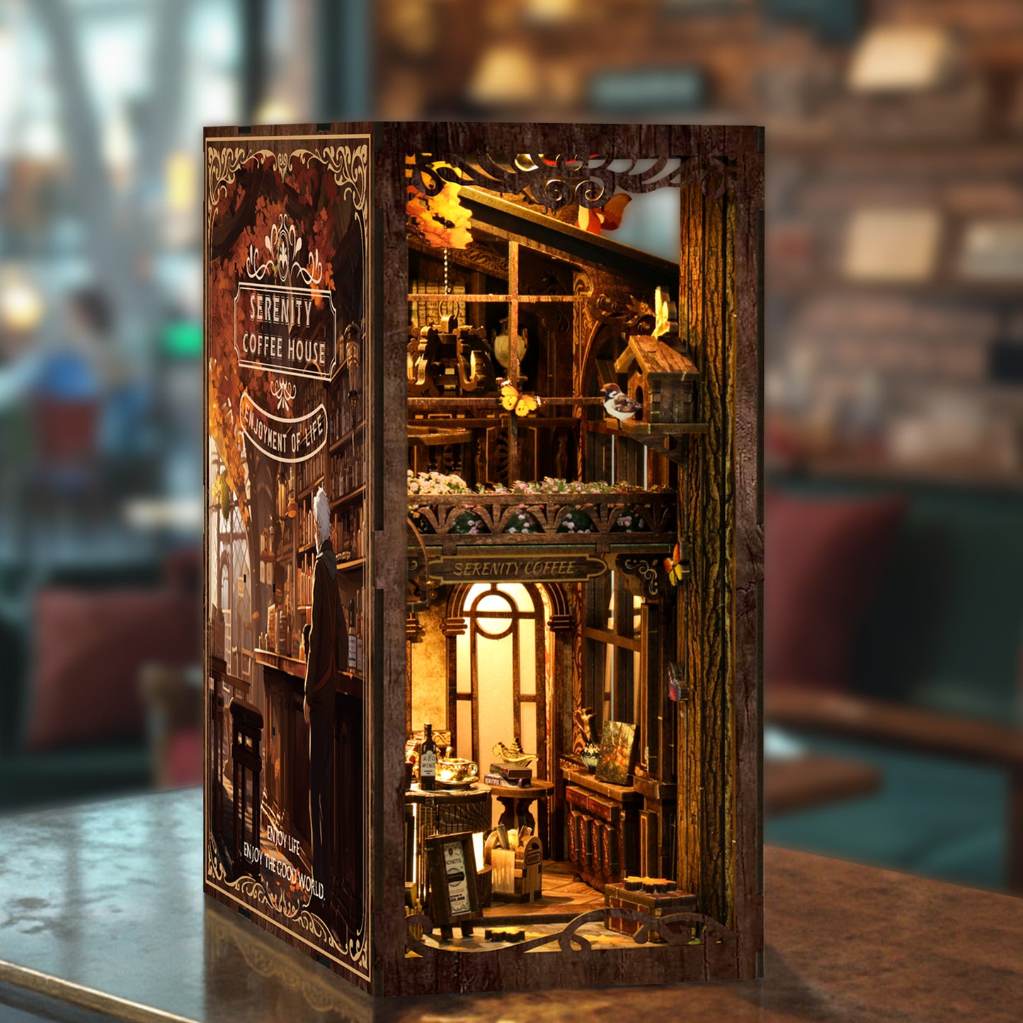 TJWFUNFUN DIY Book Nook Kit – Dark Box Mystery Case Serenity Coffee House | Difficulty: ★★★★★ | 289 Pieces | 6–8 Hours Assembly | 3D Wooden Puzzle Miniature Model with LED Lights & Touch Switch for Bookshelf Decoration
