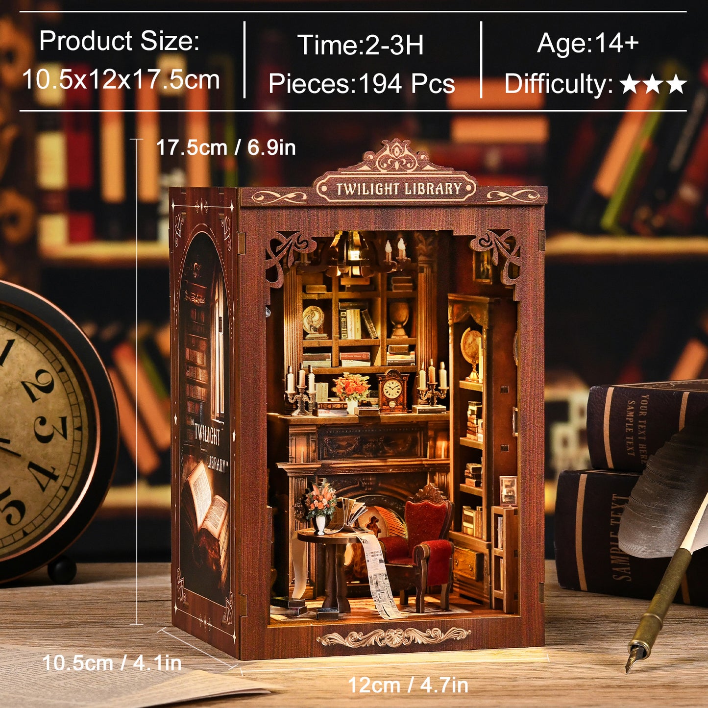 TJWFUNFUN Tiny Havens Collection – Twilight Library DIY Mini House Booknook, 194 PCS, Difficulty ★★★