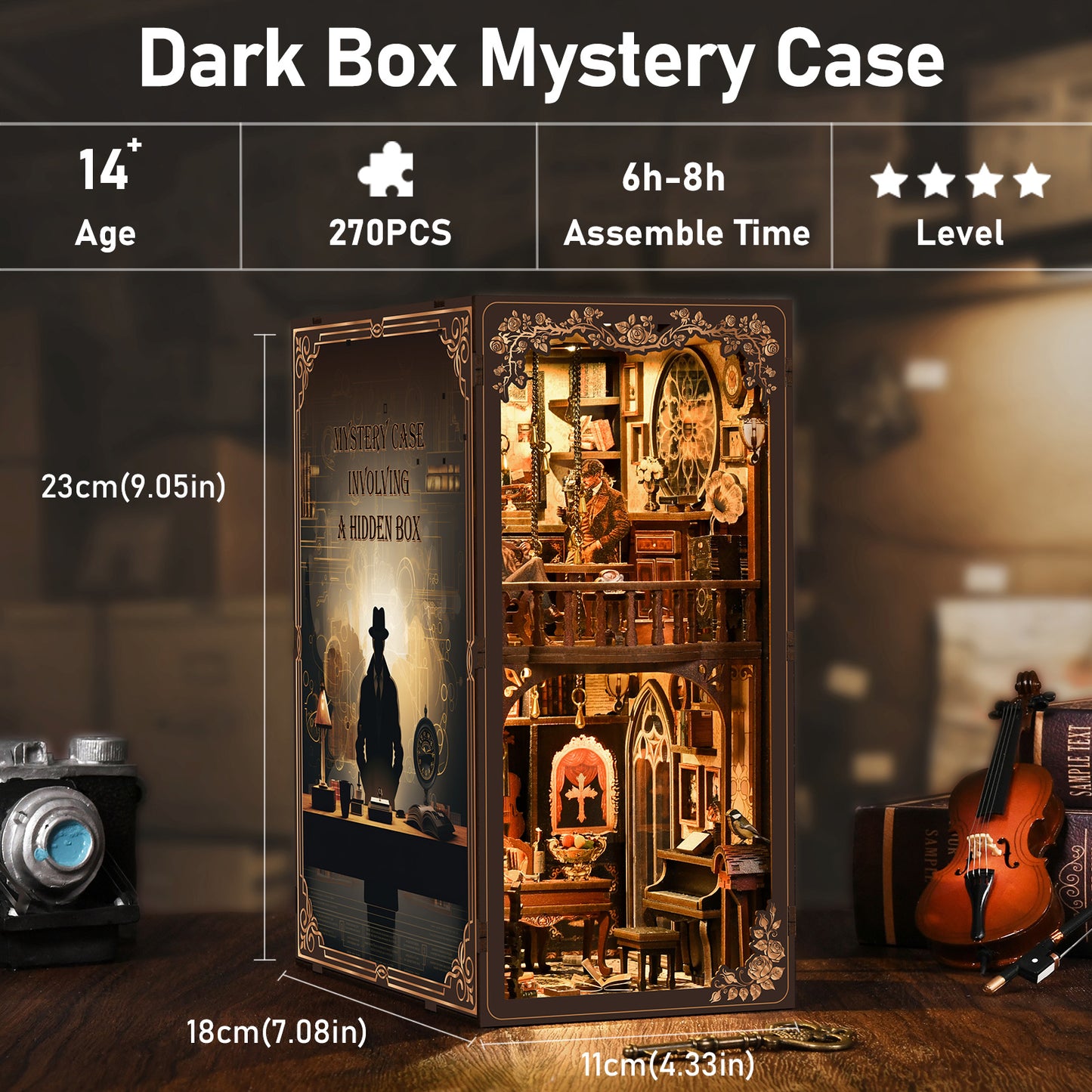 TJWFUNFUN DIY Book Nook Kit – Dark Box Mystery Case Enchanted Forest Library | Difficulty: ★★★★ | 270 Pieces | 6–8 Hours Assembly | 3D Wooden Puzzle Miniature Model with LED Lights & Music for Bookshelf Decoration