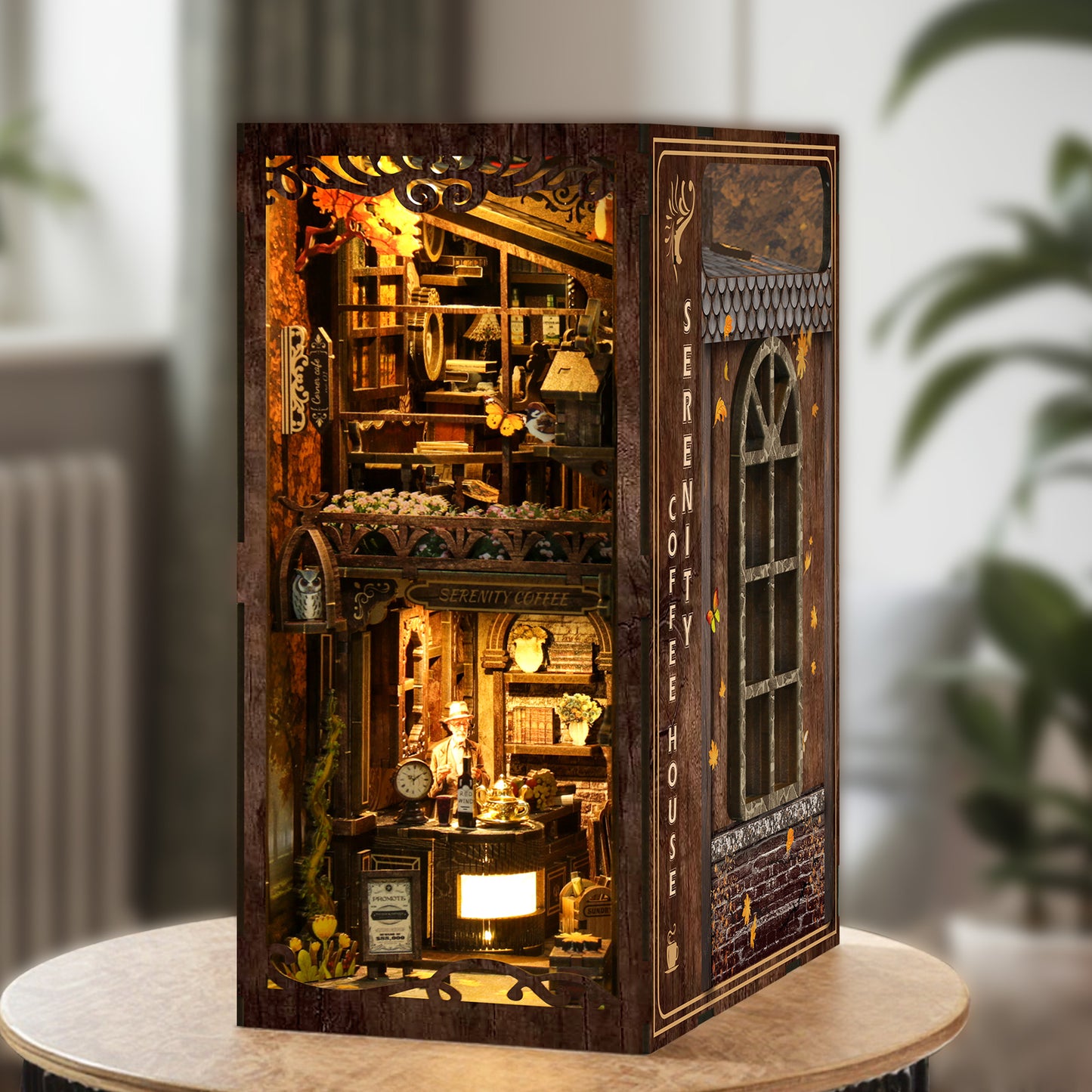 TJWFUNFUN DIY Book Nook Kit – Dark Box Mystery Case Serenity Coffee House | Difficulty: ★★★★★ | 289 Pieces | 6–8 Hours Assembly | 3D Wooden Puzzle Miniature Model with LED Lights & Touch Switch for Bookshelf Decoration