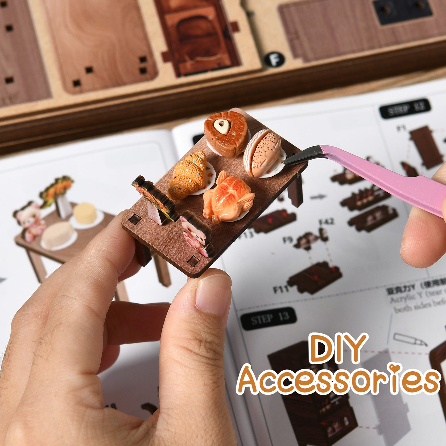 Tiny Havens Collection – DIY Mini House “Bear Restaurant” | 264 PCS Wooden Dollhouse Kit with LED Touch Light | Difficulty:★★★ | Age 14+