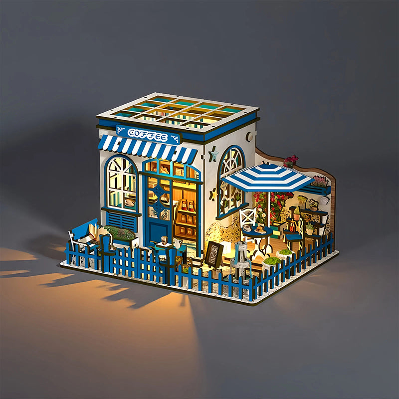 TJWFUNFUN DIY Miniature House – Santorini Sun Coffee Shop Kit, 317 PCS, Difficulty: ★★★, LED Light, Mediterranean Café Model Creative Craft for Teens & Adults