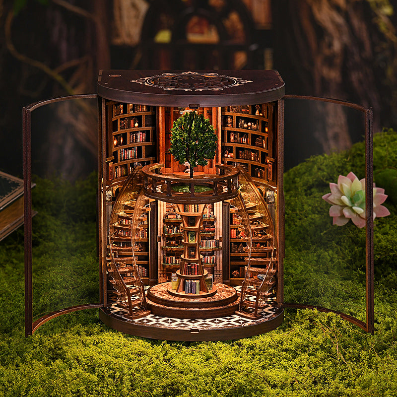 TJWFUNFUN DIY Miniature House – Wisdom Rings Book Repository, 356 PCS, Difficulty: ★★★★, LED Light, Rotating Library Craft for Teens & Adults