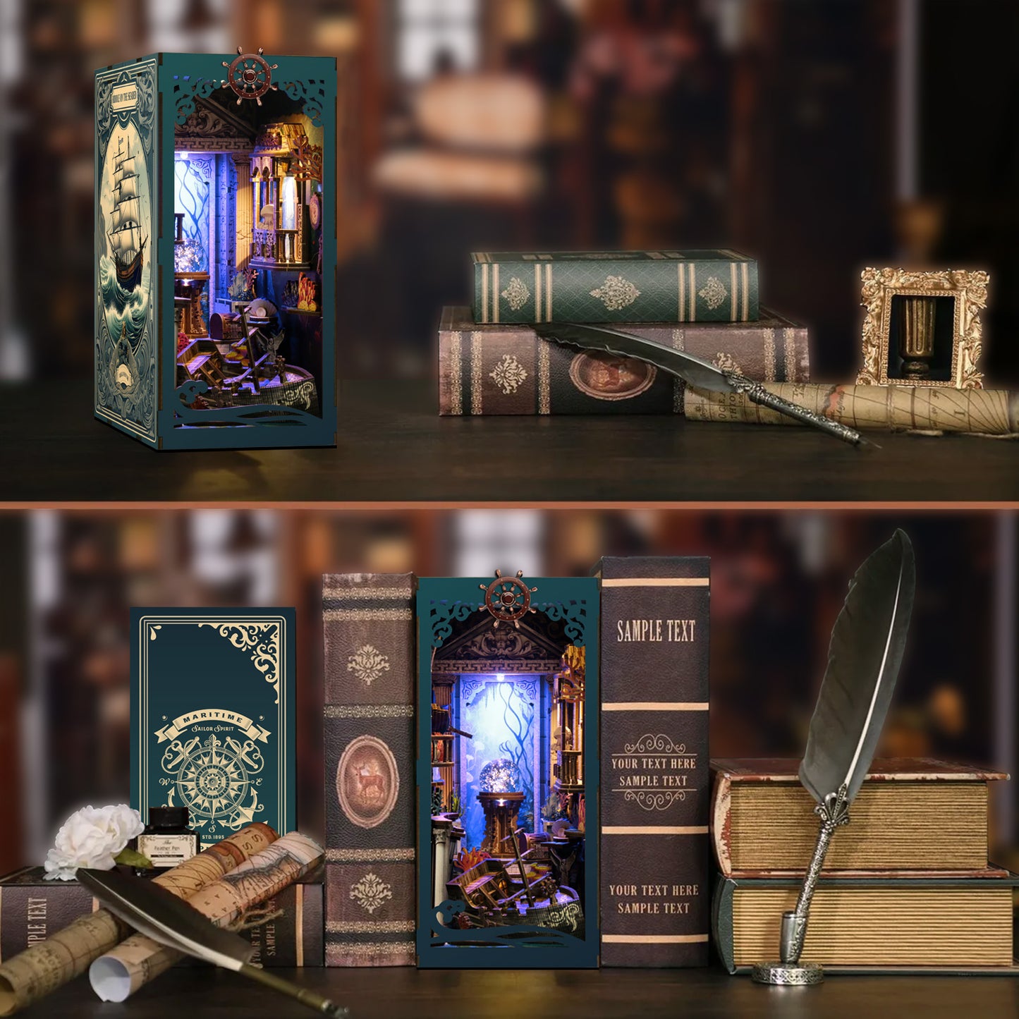 TJWFUNFUN DIY Book Nook Kit – Dark Box Mystery Case Riddle on the Seabed | Difficulty: ★★★☆ | 216 Pieces | 6–8 Hours Assembly | 3D Wooden Puzzle Miniature with LED Lights for Bookshelf Decoration