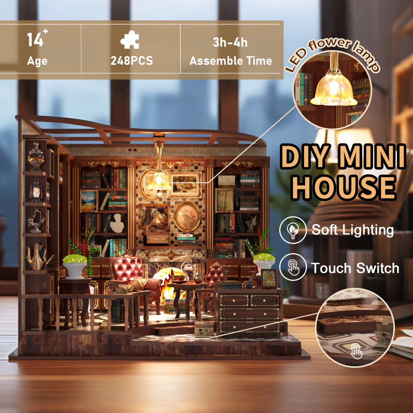 TJWFUNFUN Tiny Havens Collection – Left Bank Studyroom DIY Mini House with LED Light, 248 PCS, Difficulty ★★★