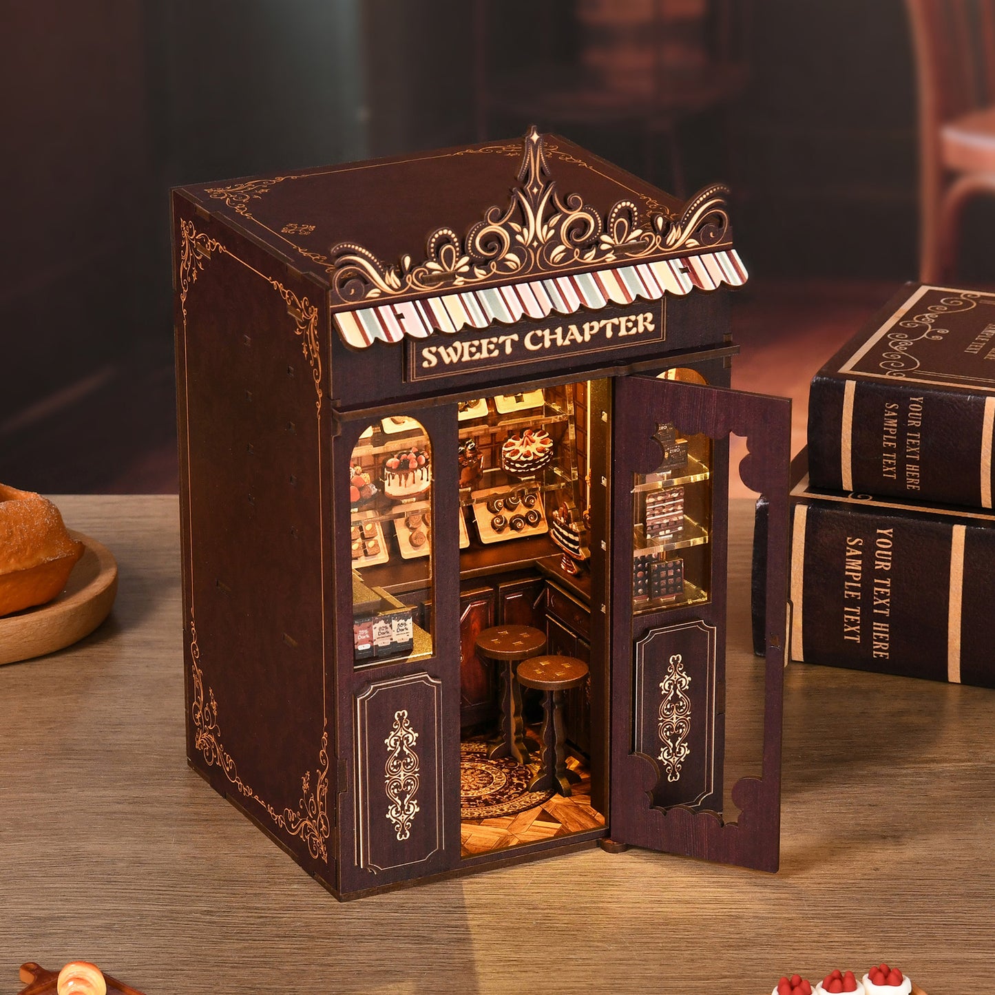 TJWFUNFUN DIY Miniature House – Sweet Chapter Book Nook Kit, 189 PCS, difficulty: ★★★, Dessert & Coffee Shop Scene with LED Light, Creative Craft for Teens & Adults