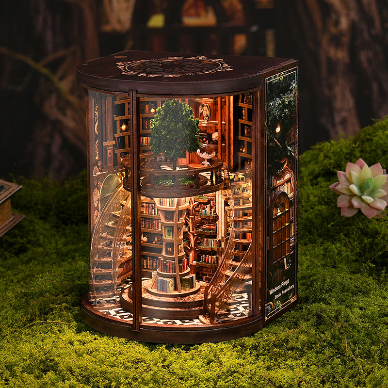 TJWFUNFUN DIY Miniature House – Wisdom Rings Book Repository, 356 PCS, Difficulty: ★★★★, LED Light, Rotating Library Craft for Teens & Adults
