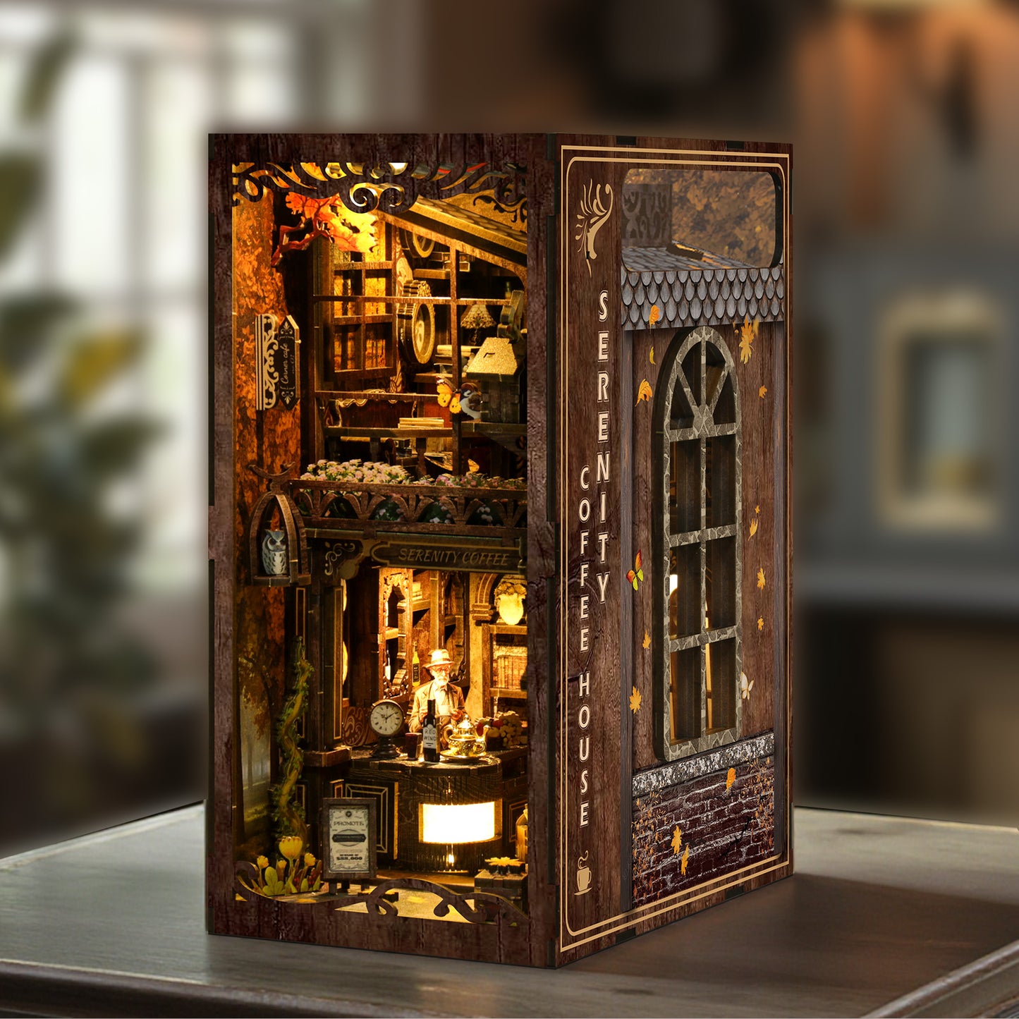 TJWFUNFUN DIY Book Nook Kit – Dark Box Mystery Case Serenity Coffee House | Difficulty: ★★★★★ | 289 Pieces | 6–8 Hours Assembly | 3D Wooden Puzzle Miniature Model with LED Lights & Touch Switch for Bookshelf Decoration