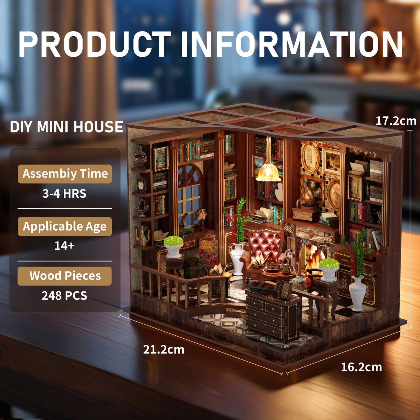 TJWFUNFUN Tiny Havens Collection – Left Bank Studyroom DIY Mini House with LED Light, 248 PCS, Difficulty ★★★