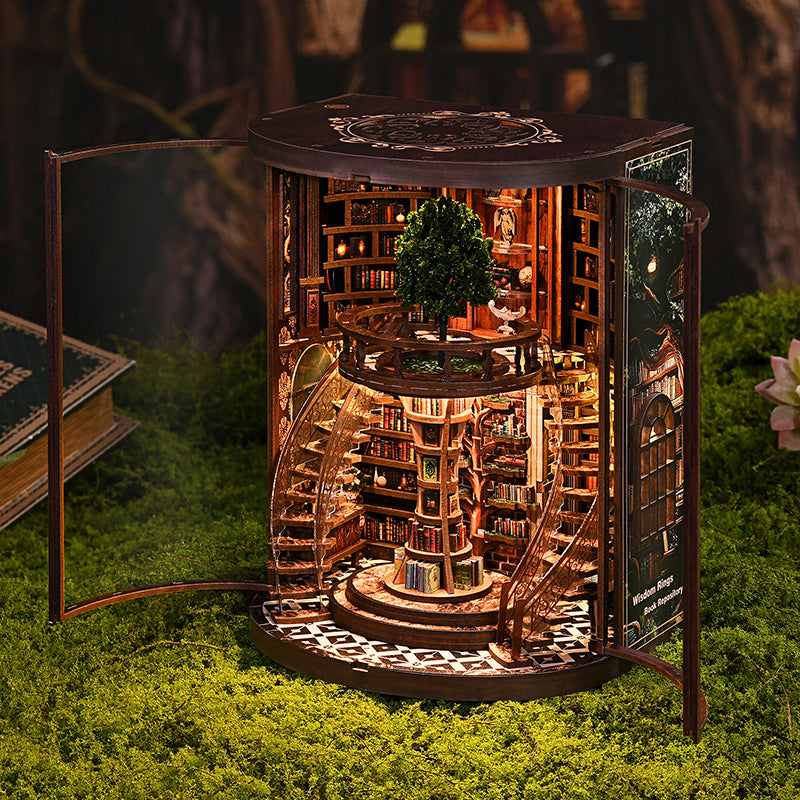 TJWFUNFUN DIY Miniature House – Wisdom Rings Book Repository, 356 PCS, Difficulty: ★★★★, LED Light, Rotating Library Craft for Teens & Adults