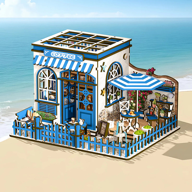 TJWFUNFUN DIY Miniature House – Santorini Sun Coffee Shop Kit, 317 PCS, Difficulty: ★★★, LED Light, Mediterranean Café Model Creative Craft for Teens & Adults
