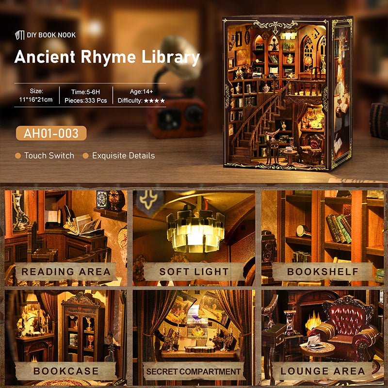 TJWFUNFUN DIY Miniature House – Ancient Study Book Nook Kit, 333 PCS, Difficulty: ★★★, LED Ambient Light, Creative Craft for Teens & Adults