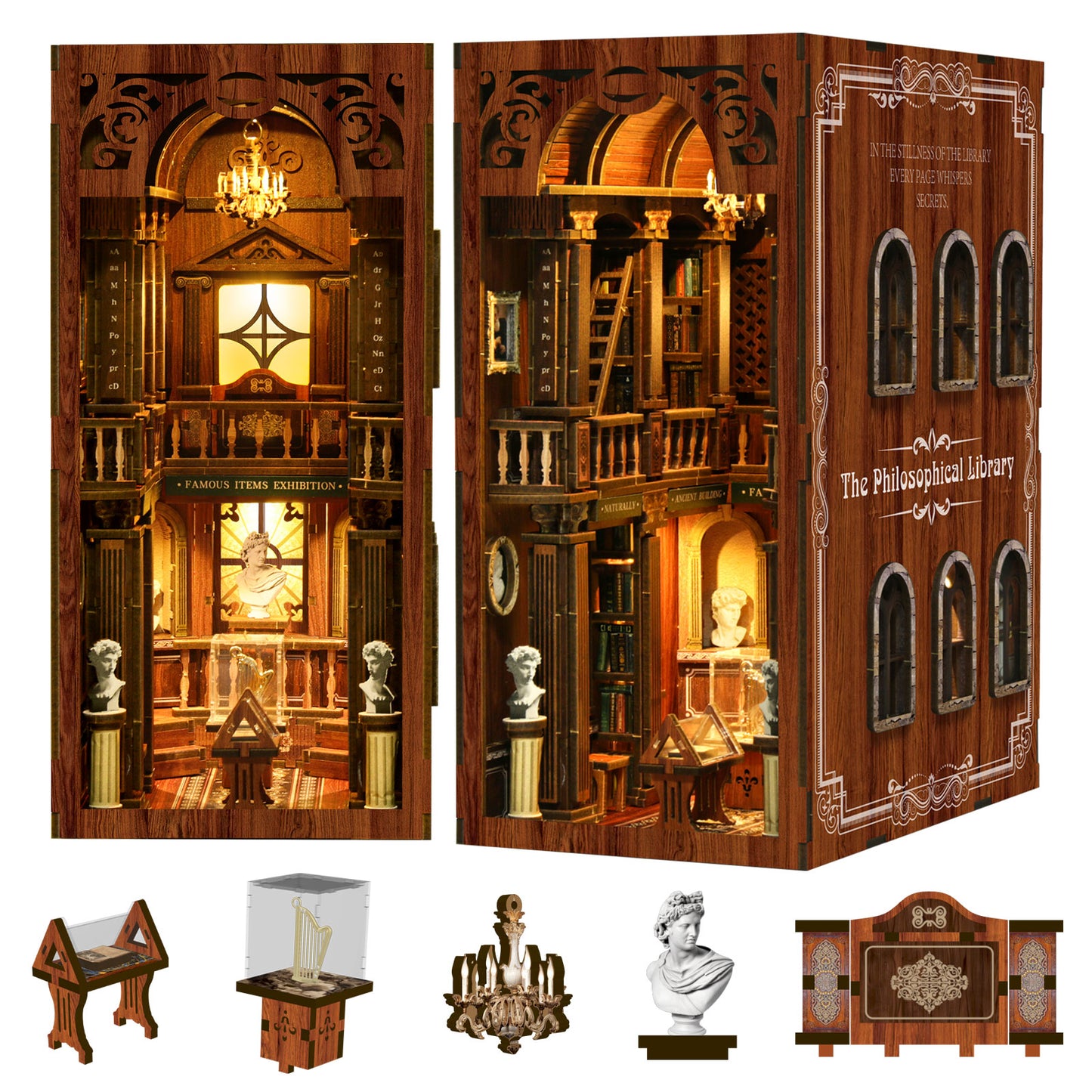 TJWFUNFUN The Philosophical Library DIY Book Nook Kit, 430PCS Wooden Miniature Bookshelf Diorama with LED Lights – Difficulty ★★★
