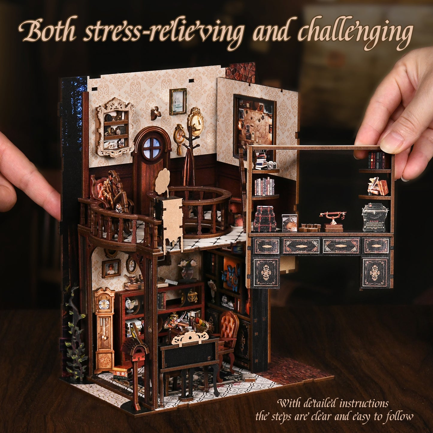 TJWFUNFUN DIY Book Nook Kit – Dark Box Mystery Case Enchanted Forest Library | Difficulty: ★★★★ | 270 Pieces | 6–8 Hours Assembly | 3D Wooden Puzzle Miniature Model with LED Lights & Music for Bookshelf Decoration