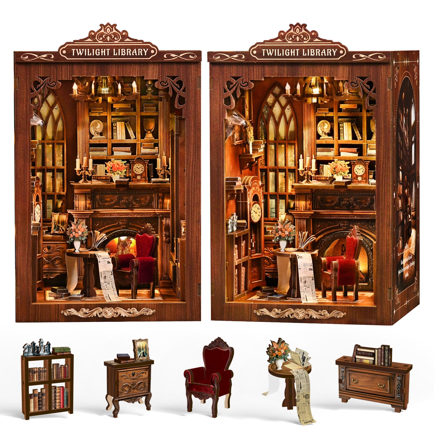 TJWFUNFUN Tiny Havens Collection – Twilight Library DIY Mini House Booknook, 194 PCS, Difficulty ★★★