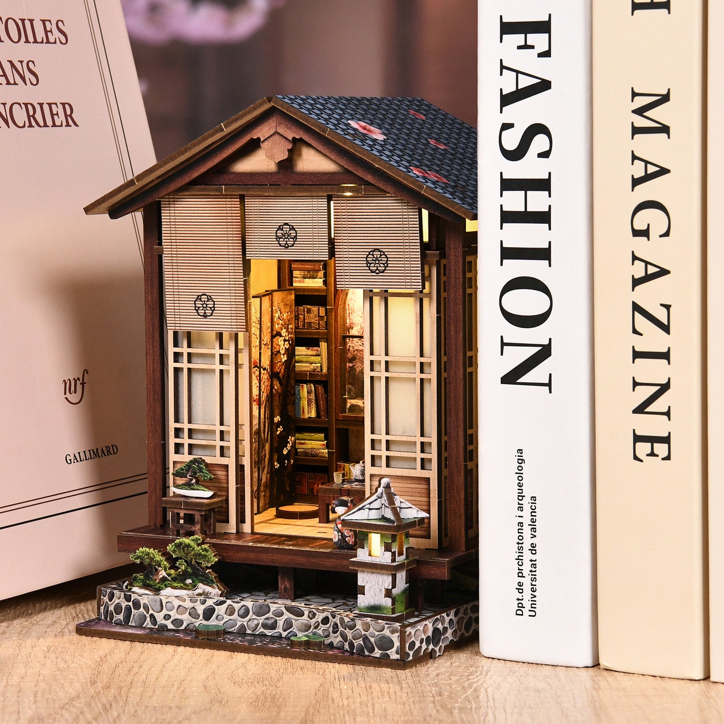 TJWFUNFUN DIY Book Nook Kit – Moss Lantern Harmony Garden, Japanese-Style Miniature Dollhouse with LED Light, Wooden Puzzle Craft Gift for Adults ★★ Difficulty, 14+