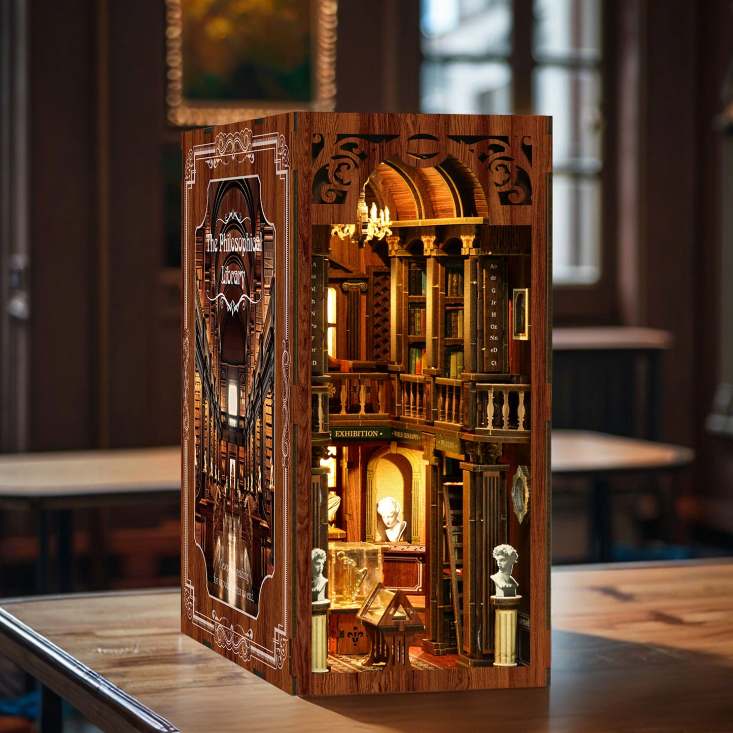 TJWFUNFUN The Philosophical Library DIY Book Nook Kit, 430PCS Wooden Miniature Bookshelf Diorama with LED Lights – Difficulty ★★★