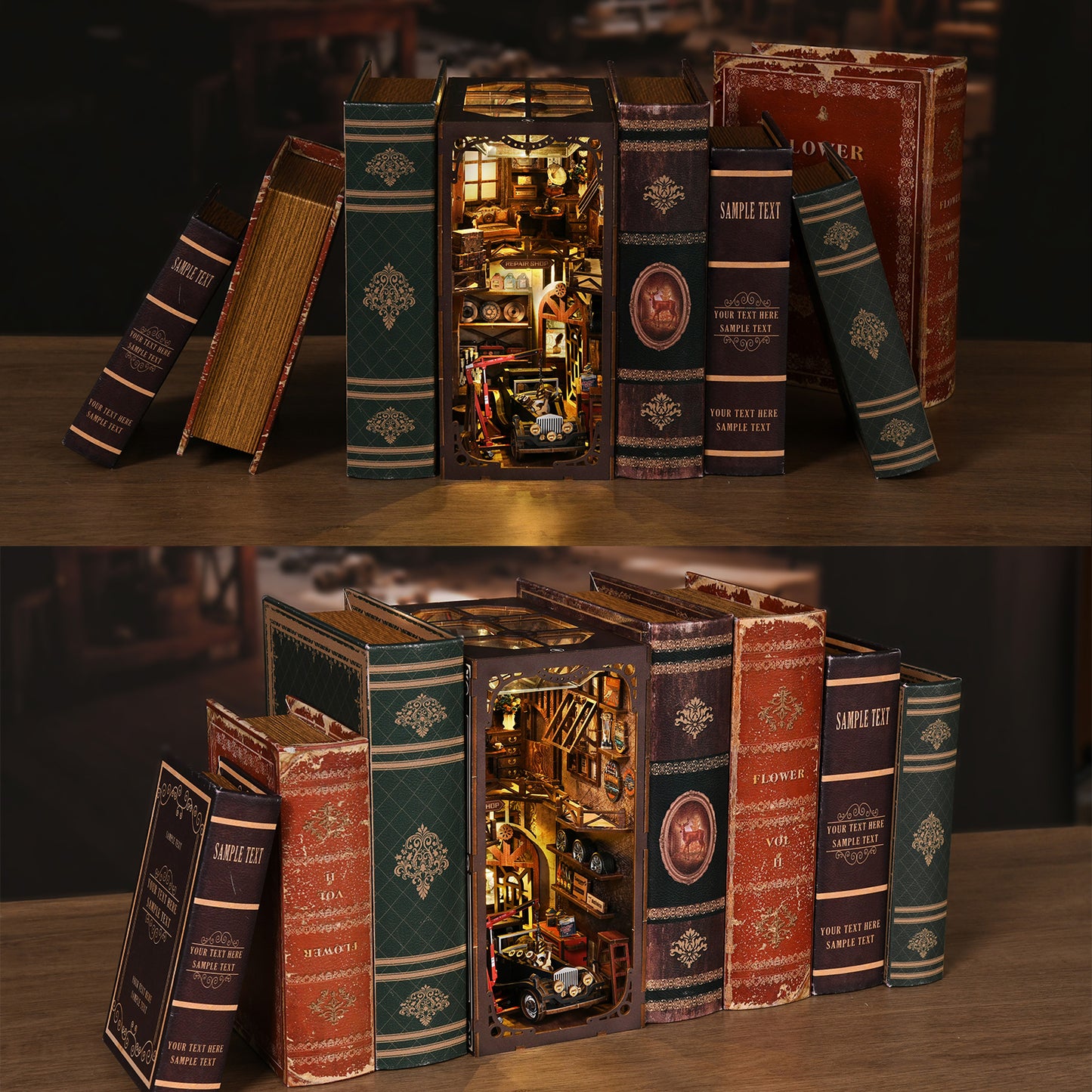 TJWFUNFUN DIY Book Nook Kit – Dark Box Mystery Case Craftsmanship Repair Shop | Difficulty: ★★★★ | 374 Pieces | 4–6 Hours Assembly | Wooden Miniature Model with LED Ambient Light & Dust Cover