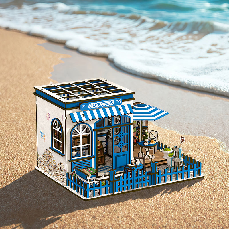 TJWFUNFUN DIY Miniature House – Santorini Sun Coffee Shop Kit, 317 PCS, Difficulty: ★★★, LED Light, Mediterranean Café Model Creative Craft for Teens & Adults
