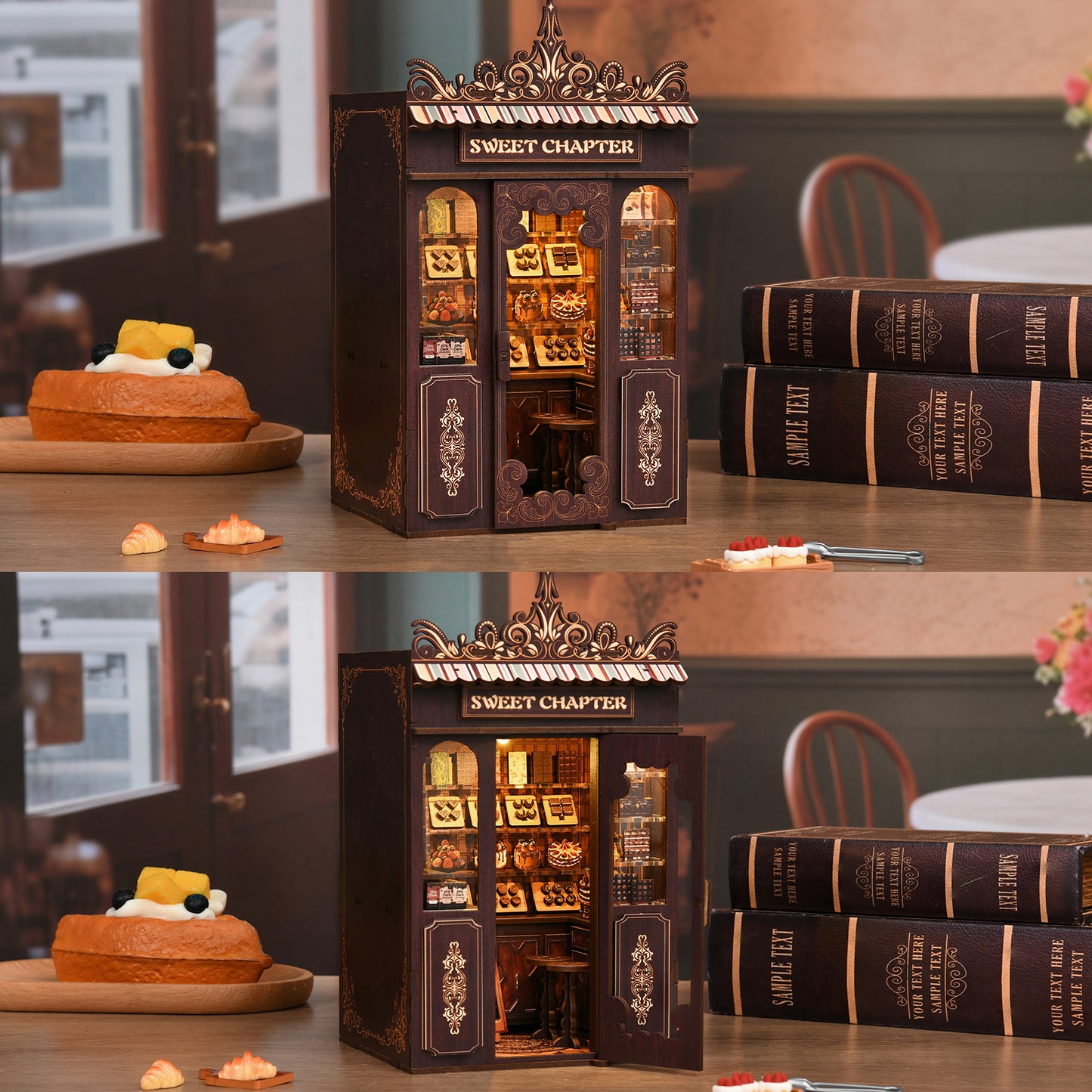 TJWFUNFUN DIY Miniature House – Sweet Chapter Book Nook Kit, 189 PCS, difficulty: ★★★, Dessert & Coffee Shop Scene with LED Light, Creative Craft for Teens & Adults