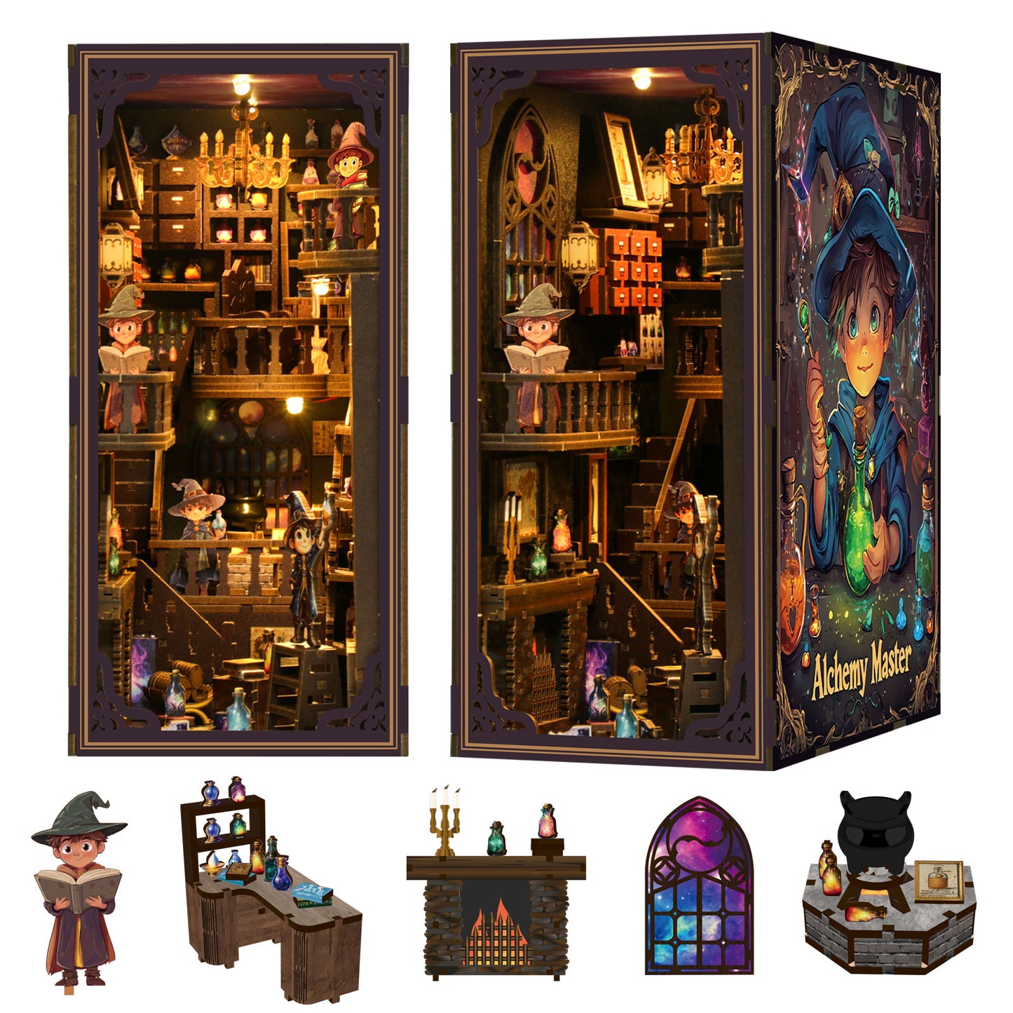 TJWFUNFUN DIY Book Nook Kit – Dark Box Mystery Case Alchemy Master | Difficulty: ★★★★☆ | 396 Pieces | 8–10 Hours Assembly | 3D Wooden Puzzle Miniature Model with LED Lights for Bookshelf Decoration