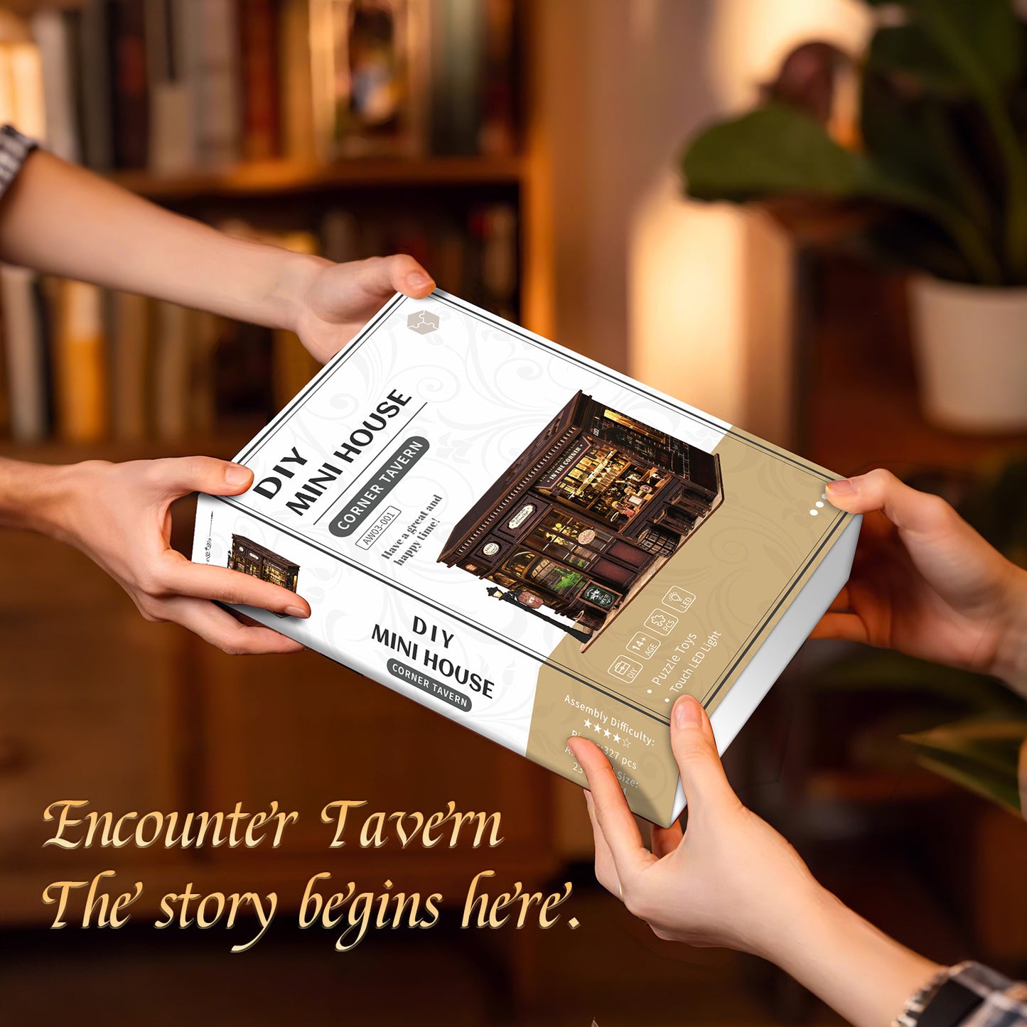 TJWFUNFUN DIY Miniature House – Corner Tavern Book Nook Kit, 327 PCS, difficulty: ★★★, LED Ambient Night Light, Creative Craft for Teens & Adults