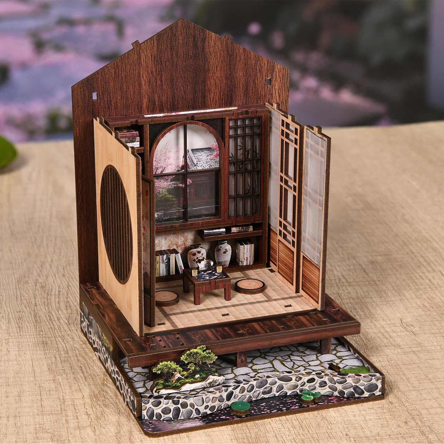 TJWFUNFUN DIY Book Nook Kit – Moss Lantern Harmony Garden, Japanese-Style Miniature Dollhouse with LED Light, Wooden Puzzle Craft Gift for Adults ★★ Difficulty, 14+