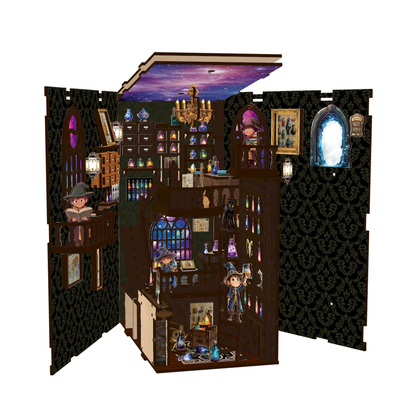 TJWFUNFUN DIY Book Nook Kit – Dark Box Mystery Case Alchemy Master | Difficulty: ★★★★☆ | 396 Pieces | 8–10 Hours Assembly | 3D Wooden Puzzle Miniature Model with LED Lights for Bookshelf Decoration