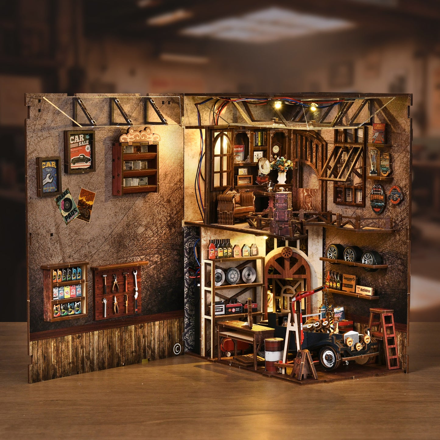TJWFUNFUN DIY Book Nook Kit – Dark Box Mystery Case Craftsmanship Repair Shop | Difficulty: ★★★★ | 374 Pieces | 4–6 Hours Assembly | Wooden Miniature Model with LED Ambient Light & Dust Cover