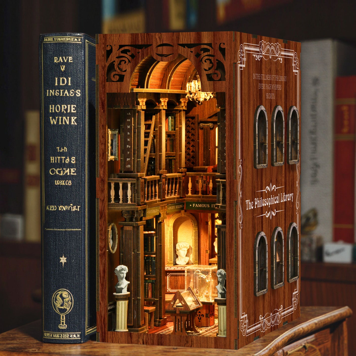 TJWFUNFUN The Philosophical Library DIY Book Nook Kit, 430PCS Wooden Miniature Bookshelf Diorama with LED Lights – Difficulty ★★★