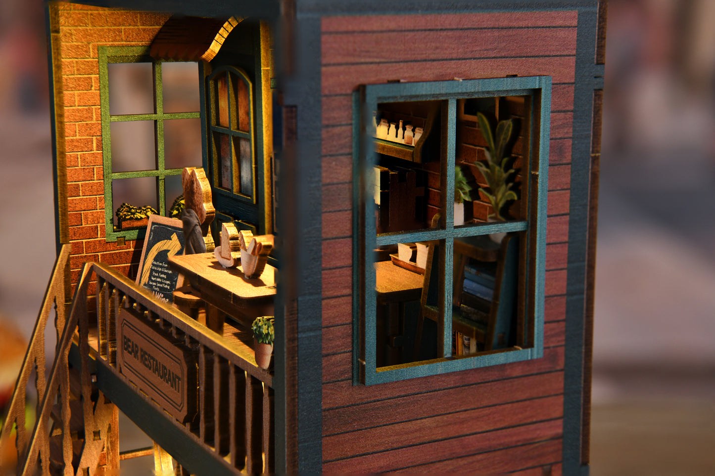 Tiny Havens Collection – DIY Mini House “Bear Restaurant” | 264 PCS Wooden Dollhouse Kit with LED Touch Light | Difficulty:★★★ | Age 14+