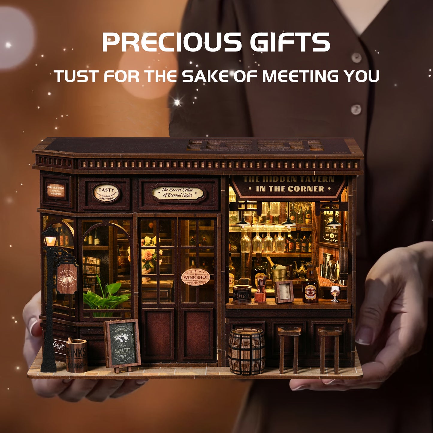 TJWFUNFUN DIY Miniature House – Corner Tavern Book Nook Kit, 327 PCS, difficulty: ★★★, LED Ambient Night Light, Creative Craft for Teens & Adults