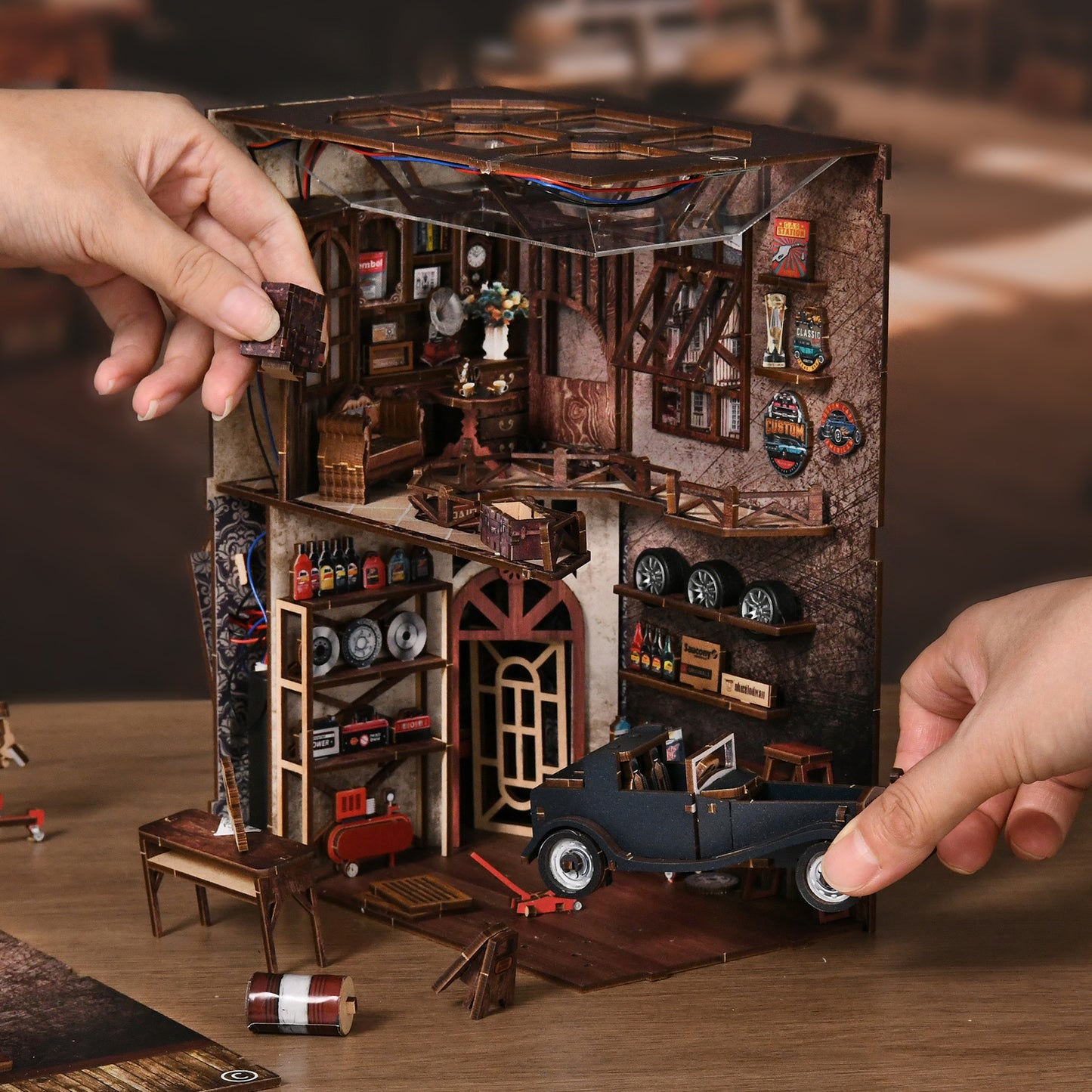 TJWFUNFUN DIY Book Nook Kit – Dark Box Mystery Case Craftsmanship Repair Shop | Difficulty: ★★★★ | 374 Pieces | 4–6 Hours Assembly | Wooden Miniature Model with LED Ambient Light & Dust Cover