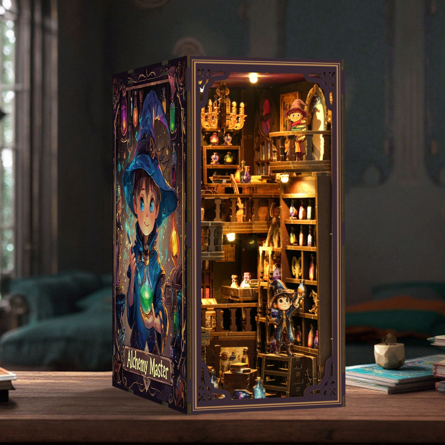 TJWFUNFUN DIY Book Nook Kit – Dark Box Mystery Case Alchemy Master | Difficulty: ★★★★☆ | 396 Pieces | 8–10 Hours Assembly | 3D Wooden Puzzle Miniature Model with LED Lights for Bookshelf Decoration