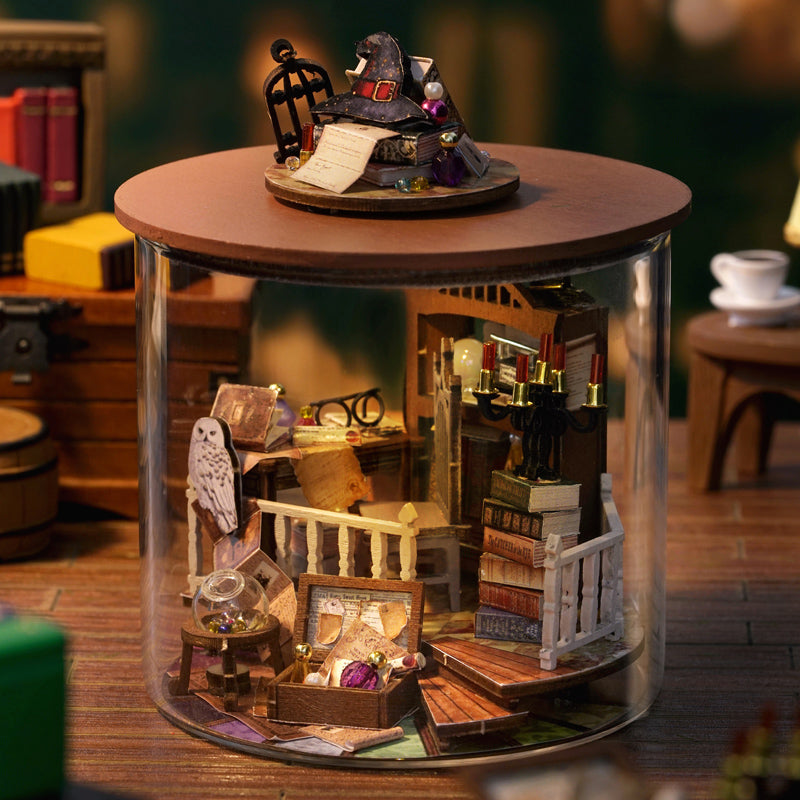 TJWFUNFUN Magic Cottage – DIY Dream Bottle Miniature Kit | Wizard’s Study Scene with LED Light | Handcrafted Glass Jar Model for Fantasy Lovers