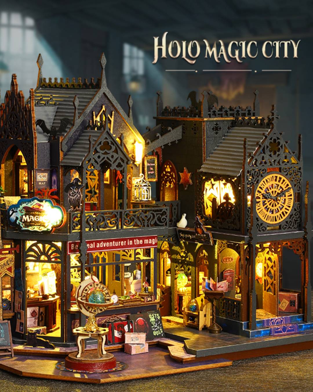TJWFUNFUN HOLO Magic City DIY Book Nook Kit with LED Lights, Gothic Fantasy Wooden Miniature House, 8–10H Advanced Build ★★★★★