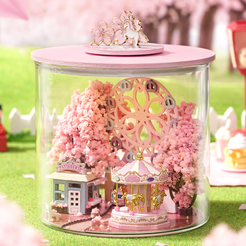 TJWFUNFUN Sakura Scenery – DIY Dream Bottle Miniature Kit | Cherry Blossom Park Scene with Carousel & LED Light | Handcrafted Glass Jar Model for Romantic Dreamers