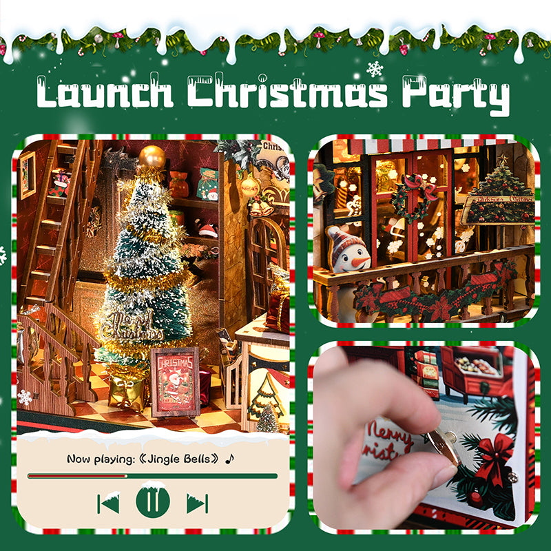 TJWFUNFUN DIY Miniature House – Christmas Shop Book Nook Kit, 264 PCS, Difficulty: ★★★★, Touch Light & Musical Movement, Creative Holiday Craft for Teens & Adults