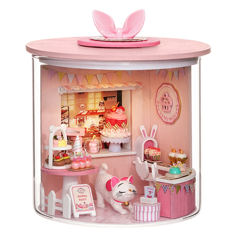 TJWFUNFUN Kitty Cake Shop – DIY Dream Bottle Miniature Kit | Sweet Bakery Scene with Cat Figurine & LED Light | Handcrafted Glass Jar Model for Dessert Lovers