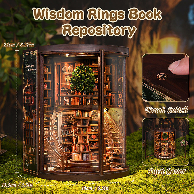 TJWFUNFUN DIY Miniature House – Wisdom Rings Book Repository, 356 PCS, Difficulty: ★★★★, LED Light, Rotating Library Craft for Teens & Adults