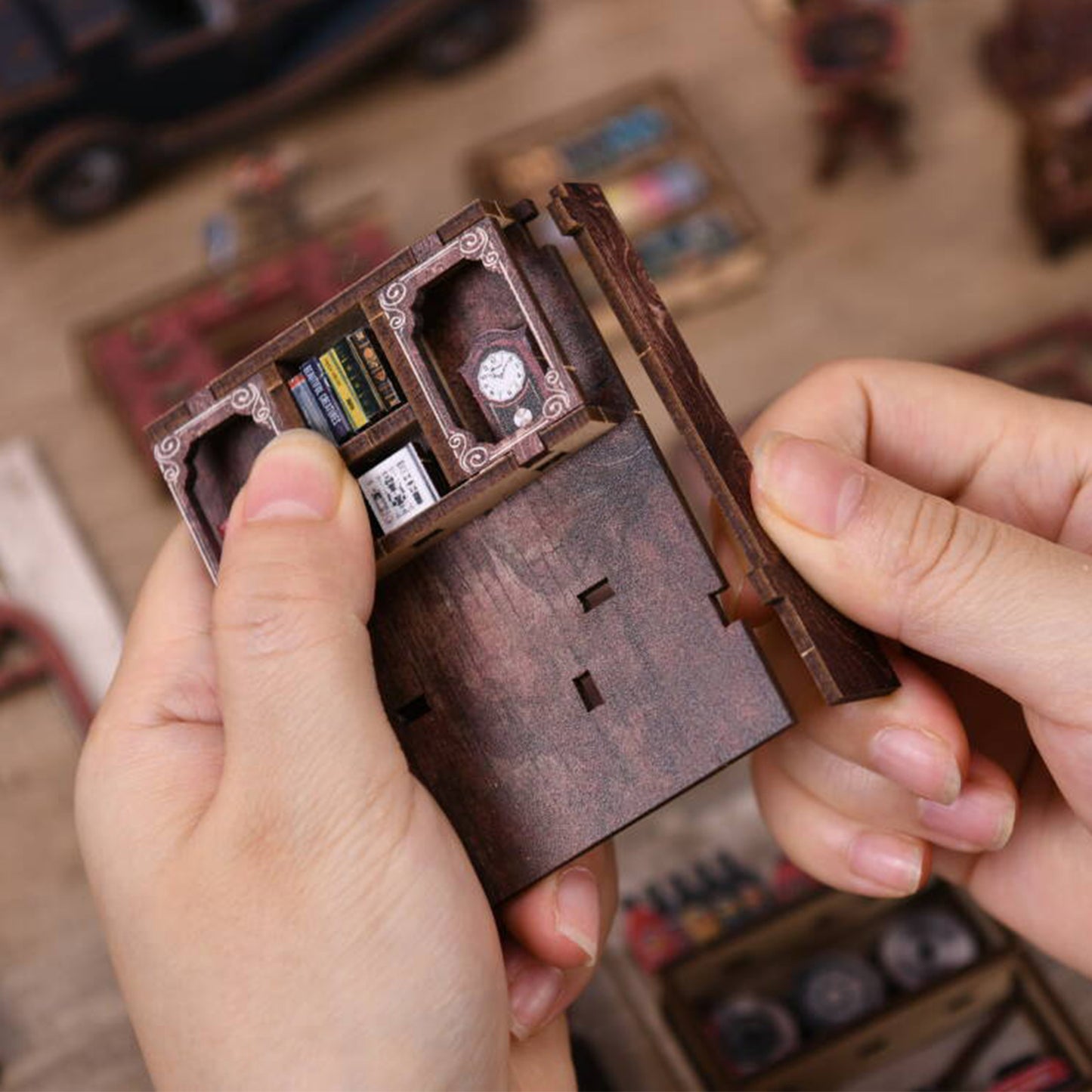 TJWFUNFUN DIY Book Nook Kit – Dark Box Mystery Case Craftsmanship Repair Shop | Difficulty: ★★★★ | 374 Pieces | 4–6 Hours Assembly | Wooden Miniature Model with LED Ambient Light & Dust Cover