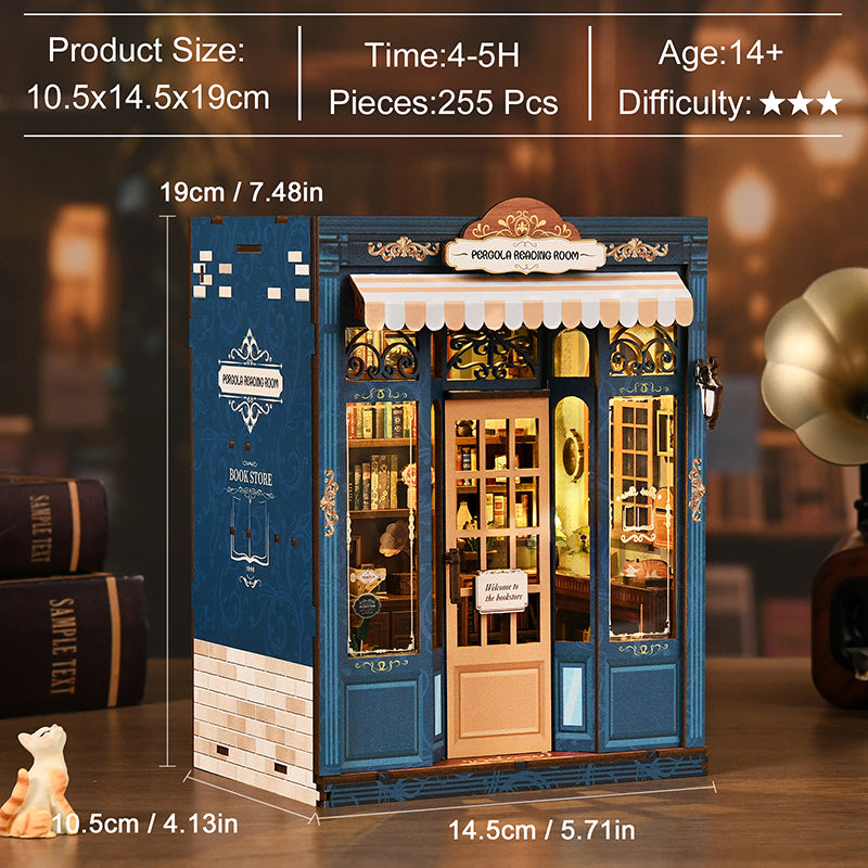 TJWFUNFUN DIY Miniature House – Pergola Reading Room Book Nook Kit, 255 PCS, Difficulty: ★★★, LED Touch Light, Creative Craft for Teens & Adults