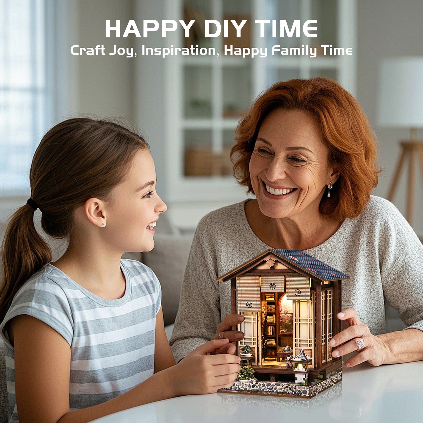 TJWFUNFUN DIY Book Nook Kit – Moss Lantern Harmony Garden, Japanese-Style Miniature Dollhouse with LED Light, Wooden Puzzle Craft Gift for Adults ★★ Difficulty, 14+