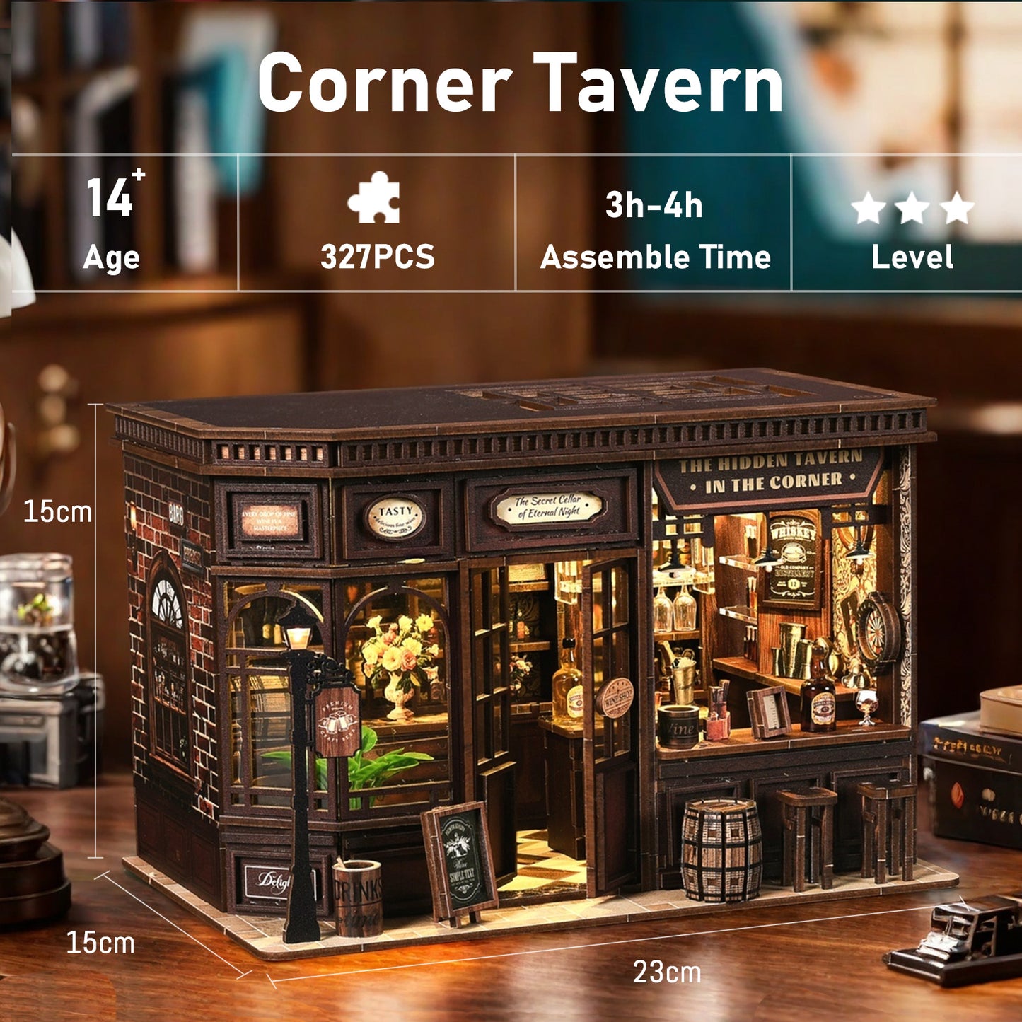TJWFUNFUN DIY Miniature House – Corner Tavern Book Nook Kit, 327 PCS, difficulty: ★★★, LED Ambient Night Light, Creative Craft for Teens & Adults