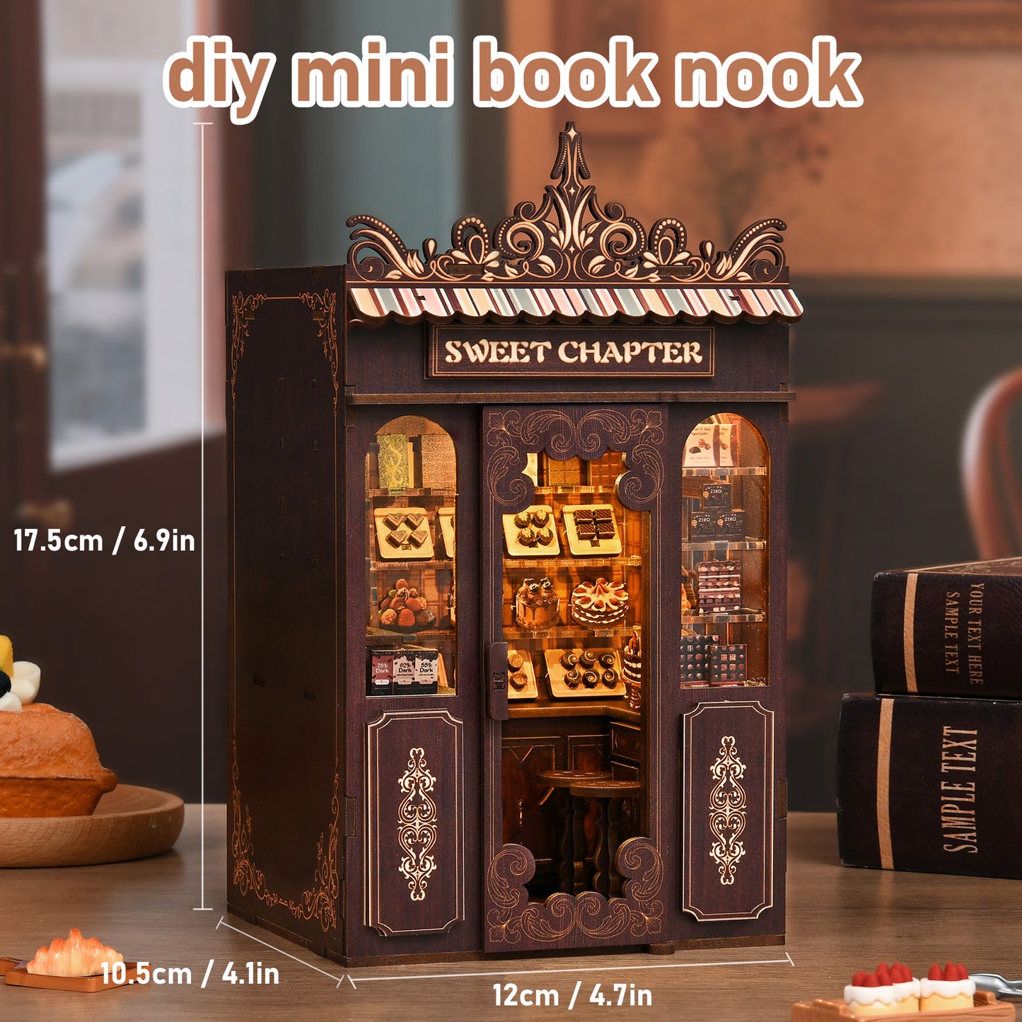 TJWFUNFUN DIY Miniature House – Sweet Chapter Book Nook Kit, 189 PCS, difficulty: ★★★, Dessert & Coffee Shop Scene with LED Light, Creative Craft for Teens & Adults