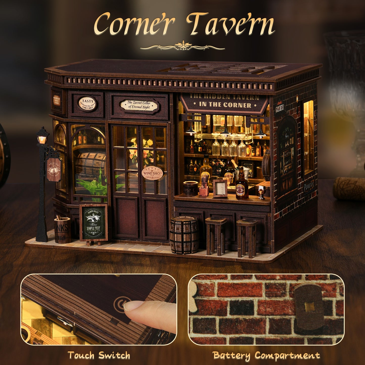 TJWFUNFUN DIY Miniature House – Corner Tavern Book Nook Kit, 327 PCS, difficulty: ★★★, LED Ambient Night Light, Creative Craft for Teens & Adults