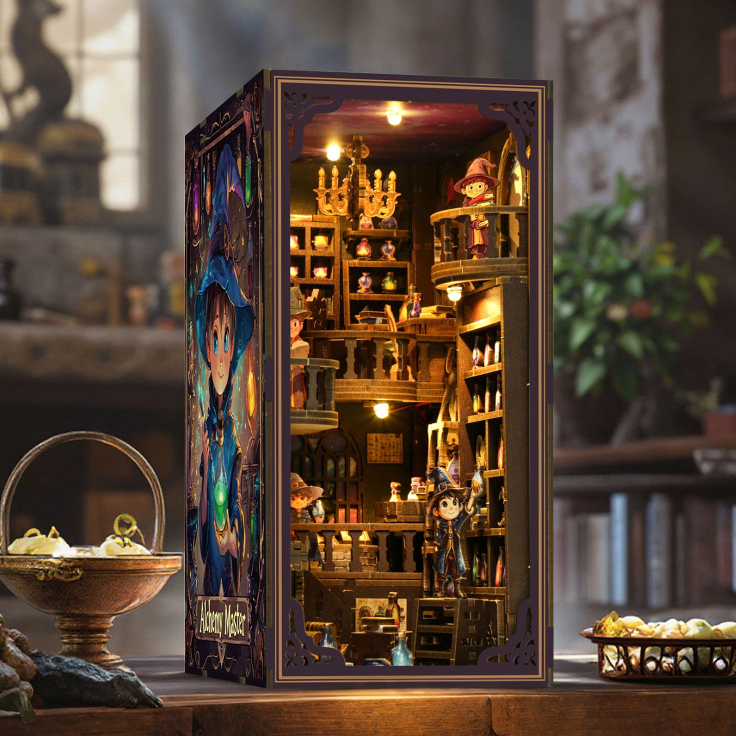 TJWFUNFUN DIY Book Nook Kit – Dark Box Mystery Case Alchemy Master | Difficulty: ★★★★☆ | 396 Pieces | 8–10 Hours Assembly | 3D Wooden Puzzle Miniature Model with LED Lights for Bookshelf Decoration