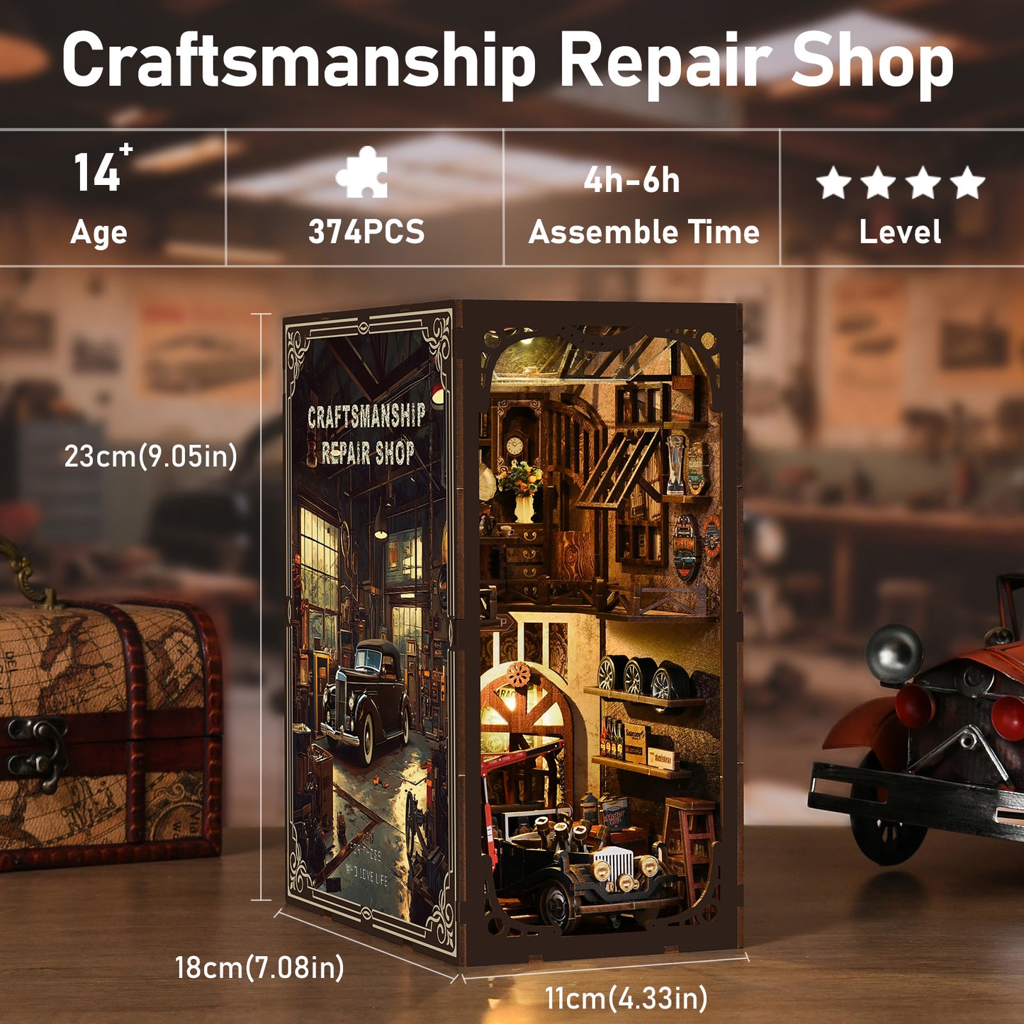 TJWFUNFUN DIY Book Nook Kit – Dark Box Mystery Case Craftsmanship Repair Shop | Difficulty: ★★★★ | 374 Pieces | 4–6 Hours Assembly | Wooden Miniature Model with LED Ambient Light & Dust Cover
