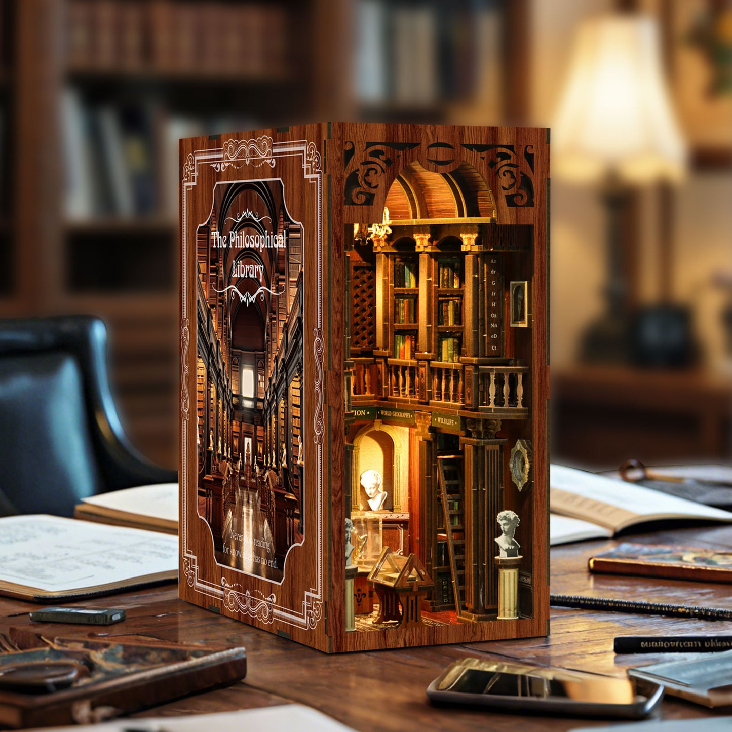 TJWFUNFUN The Philosophical Library DIY Book Nook Kit, 430PCS Wooden Miniature Bookshelf Diorama with LED Lights – Difficulty ★★★