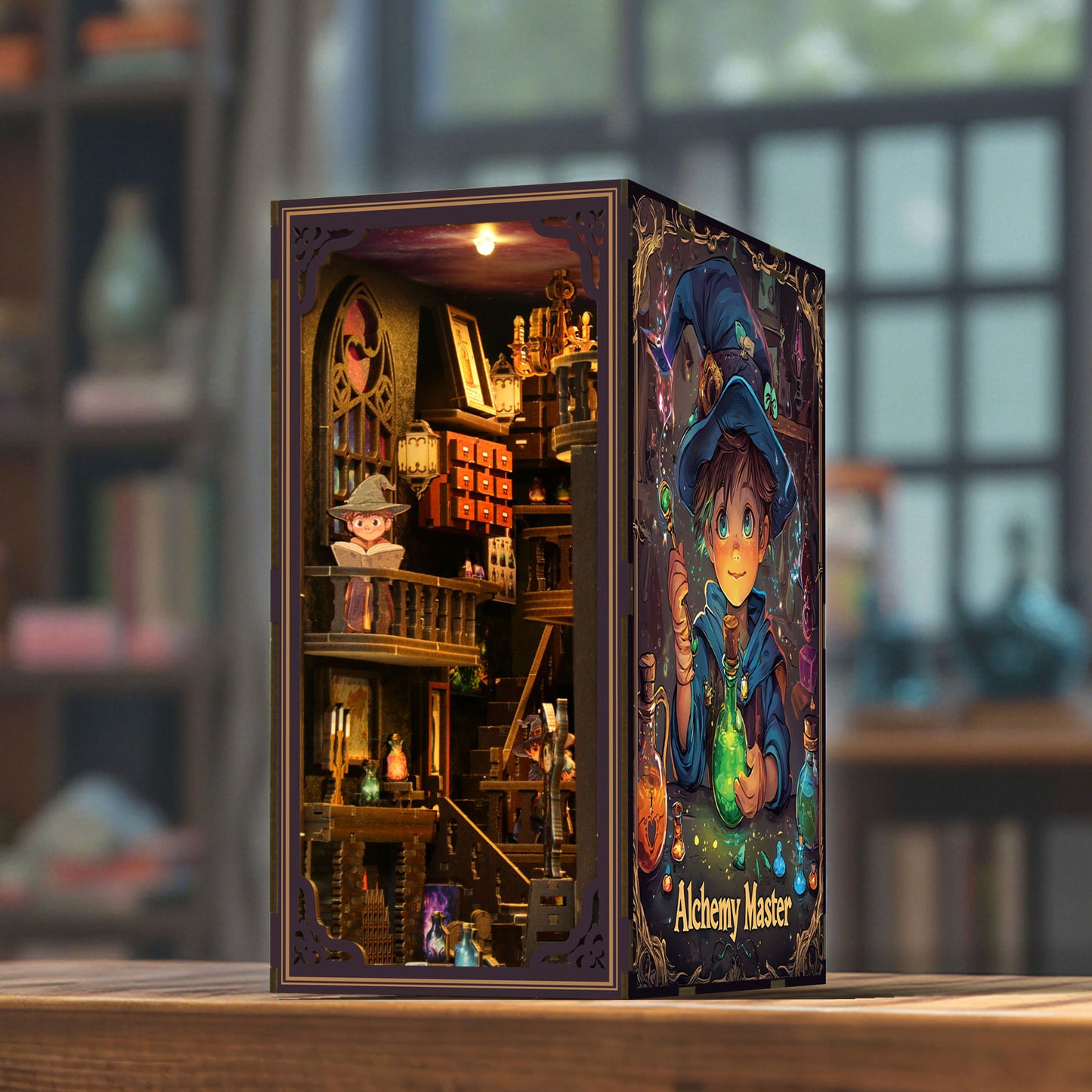 TJWFUNFUN DIY Book Nook Kit – Dark Box Mystery Case Alchemy Master | Difficulty: ★★★★☆ | 396 Pieces | 8–10 Hours Assembly | 3D Wooden Puzzle Miniature Model with LED Lights for Bookshelf Decoration